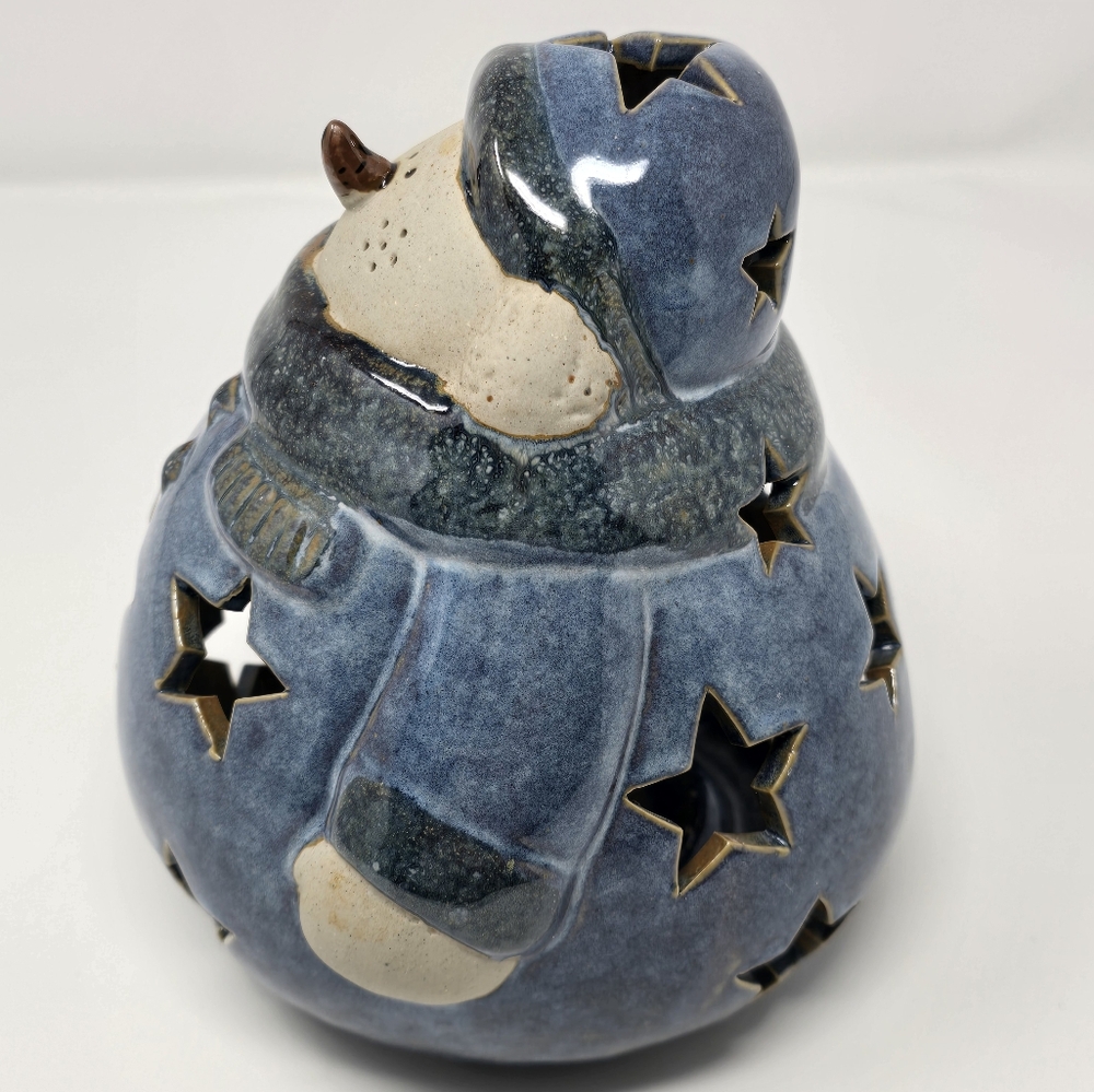 Ceramic Blue Holiday Snowman Tea Light Candle Holder with Star Cut Outs - Picture 2 of 5